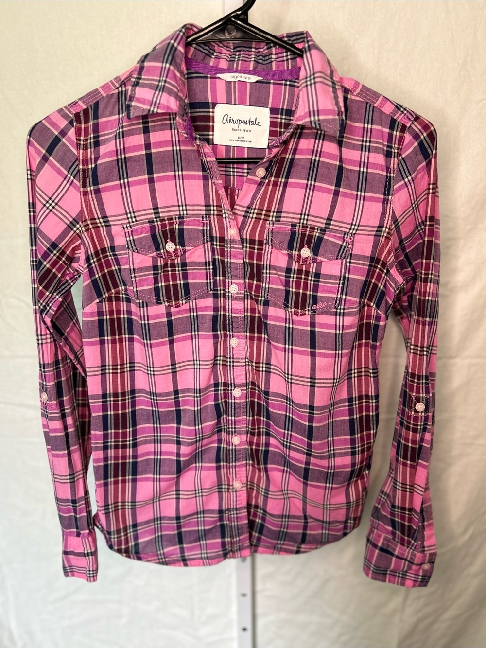Aeropostale Y2K Aesthetic Pink Navy Plaid Button Up Top XSP Shirt